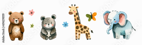 Set of  Watercolor Safari Animals illustrations. Beautiful and colorful clip art elements, ready to print. Perfect for invitation, card, banner, decorations, stickers, patterns