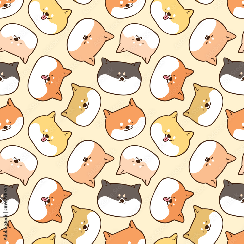 Seamless Pattern of Cute Cartoon Shiba Inu Dog Face Design on Light Yellow Background