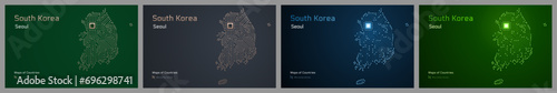 South Korea creative maps set with a capital of Seoul Shown in a Microchip Pattern with processor. E-goverment
