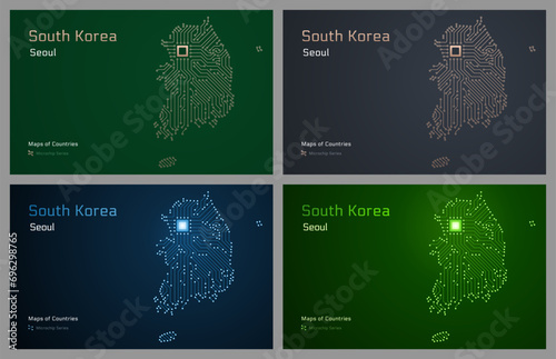 Photography South Korea creative maps set with a capital of Seoul Shown in a Microchip Pattern with processor