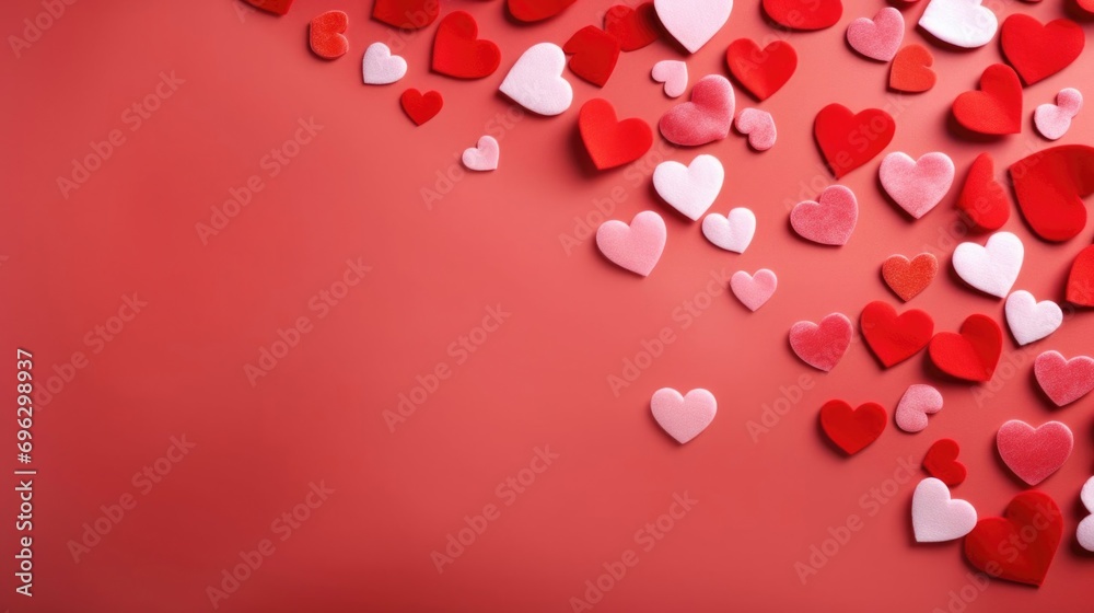 Red background with hearts made of paper and felt. Congratulations. Valentine's Day concept. Top view, copy space. Red background with hearts made of paper and felt. Congratulations. Valentine's Day concept. Top view, copy space.