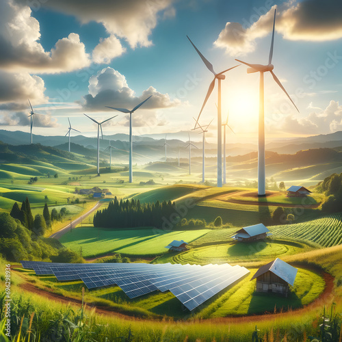 Rural landscape harmonizing renewable energy and environmental preservation. It features green fields, modern wind turbines, a solar panel field, rolling hills