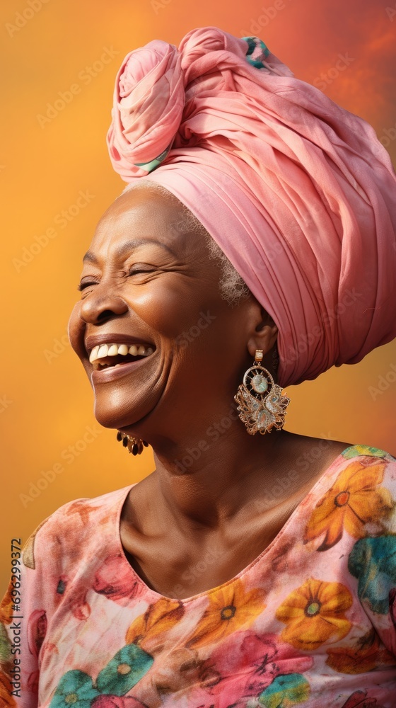 portrait of a happy African senior woman in pastel colors