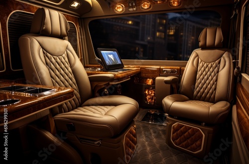 High-tech Luxury van interior. Window vacation. Generate Ai © juliars