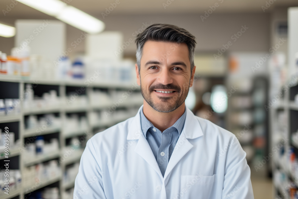 Professional male pharmacist in a modern pharmacy. Professional male pharmacist in a modern pharmacy.