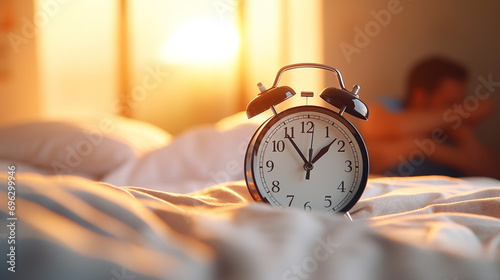 closeup alarm clock on blur man sleeping on the bed. Generative AI.