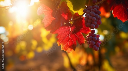 Feel the embrace of fall in the vineyard, where the closeup view of red grapevine leaves captures the essence of the season summer, welcoming the crisp air and the charm of autumn