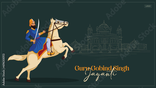 Vector Illustration Guru Gobind Singh ji Jayanti Or Gurupurab with Warrior Horse and golden temple background Editable Template  photo
