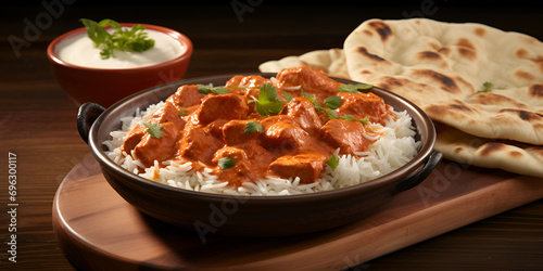 Chicken tikka masala spicy curry meat food, Cocked chicken tikka masala spicy curry meat, A bowl of chicken tikka masala sits on a table with a bowl of naan and a bowl of naan. generative AI