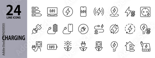 Charging line icons set with Battery, Charging Station, Fast Charging, Phone and Laptop Charging, Socket, Outlet, Cable, Recharge. Editable stroke