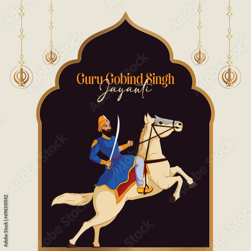 Vector Illustration Guru Gobind Singh ji Jayanti Or Gurupurab with Warrior Horse and Chandeliers Editable Template 