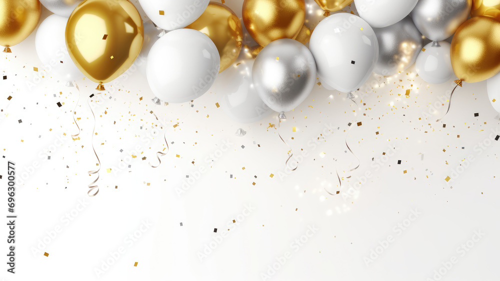 Celebration banner with silver and gold confetti and balloons, isolated on white background. Celebrate birthday template Celebration banner with silver and gold confetti and balloons, isolated on white background. Celebrate birthday template