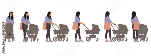 Vector concept conceptual silhouette of a woman pushing a baby stroller  from different perspectives isolated on white background. A metaphor for motherhood  family  love and lifestyle
