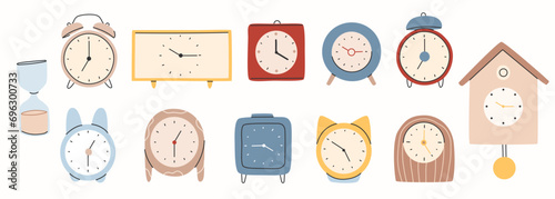 Different types of watches in trendy style. Clock poster set. Fashionable hand-drawn style.Print, poster, banner.Vector