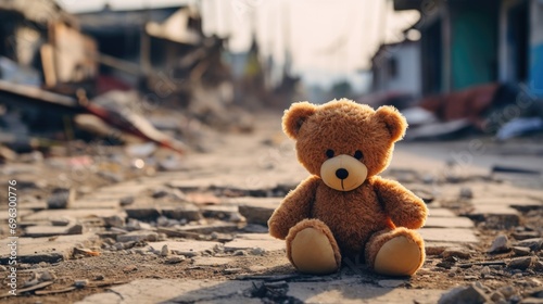 Kid's teddy bear toy in city street after earthquake and destroyed city in background  photo