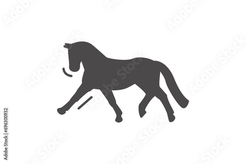 Black silhouette of dressage horse performing pirouette. Dancing mare or stallion at competitions. Vector flat equestrian icon isolated on white background.