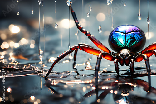 Spider holding an umbrella on a rainy day. Generative AI © 민국 손