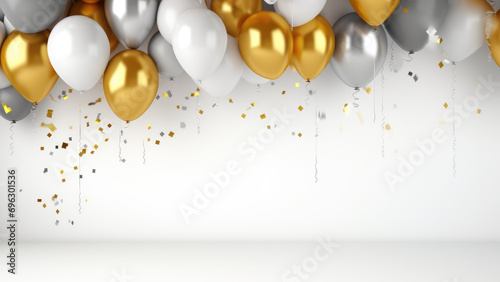 Celebration banner with silver and gold confetti and balloons, isolated on white background. Celebrate birthday template