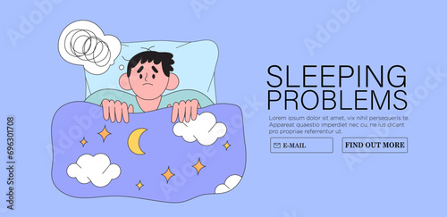 Sleeping behavior. Modern flat vector illustration. Man sleeping in his bad on a pillow at night. Benefits of good sleeping habit, eight hours normal healthy sleep. People activities concept.