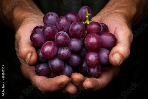 Tantalizing Male hand holding grape fruit. Winery farmer picking ripe grape crop. Generate ai