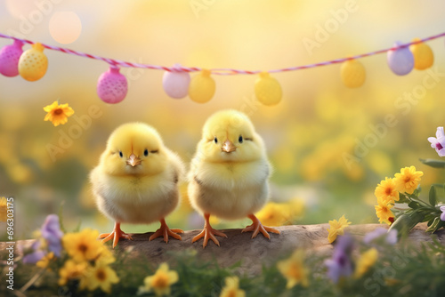 Easter background with yellow chicks and spring flowers. © Cala Serrano