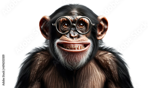 Chimp portrait with glasses and awkward laugh. Chimpanzee with a gesture of discomfort on his face, isolated on white background