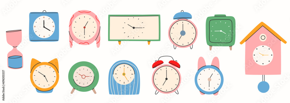 Different types of watches in trendy style. Clock poster set. Fashionable hand-drawn style.Print, poster, banner.Vector