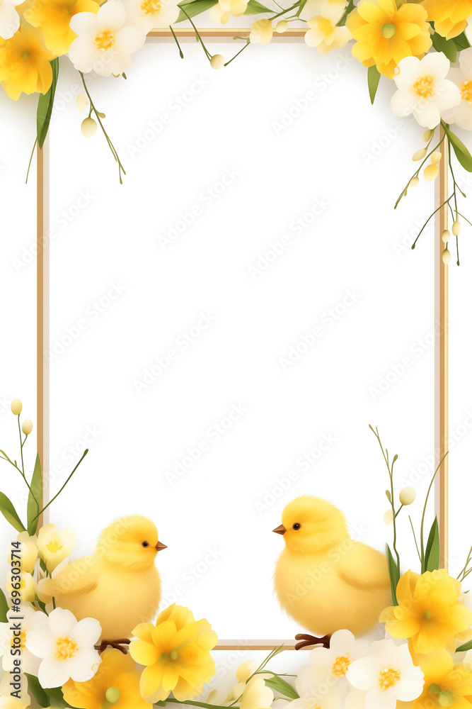 Easter frame border with yellow chicks and spring flowers and blank copy space.
