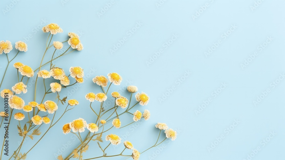 dried yellow tansy flowers on a pastel blue background dried yellow tansy flowers on a pastel blue background