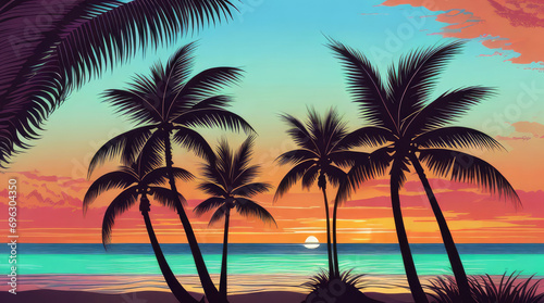 A Breathtakingly Realistic Sea Sunset Silhouetted Against Majestic Palm Trees. © Md