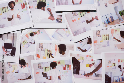 Dynamic Office Life. Polaroid shots presenting a man in various work-related activities, from brainstorming at a whiteboard to managing tasks on a laptop, against a backdrop of colorful office boards. photo