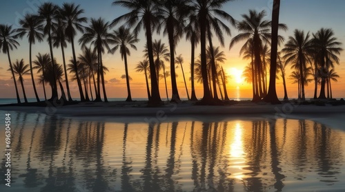 A Breathtakingly Realistic Sea Sunset Silhouetted Against Majestic Palm Trees.