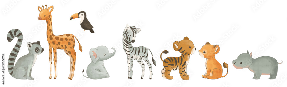 Set of cute safari animals. Raccoon, giraffe, elephant, zebra, tiger, lion, hippo, toucan. Zoo wild animals set.  - obrazy, fototapety, plakaty 