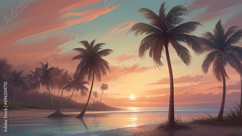 A Breathtakingly Realistic Sea Sunset Silhouetted Against Majestic Palm Trees. © Md