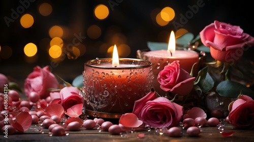 Candles and roses. A romantic ambiance with lit candle. AI generate illustration