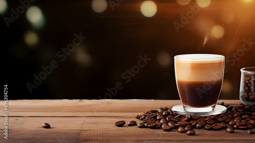 glass of coffee served with coffee beans, on wooden table background, Copy space text image