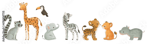 Set of cute safari animals. Raccoon, giraffe, elephant, zebra, tiger, lion, hippo, toucan. Zoo wild animals set. 
