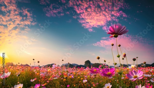 Beautiful and amazing cosmos flower field landscape in sunset © ROKA Creative