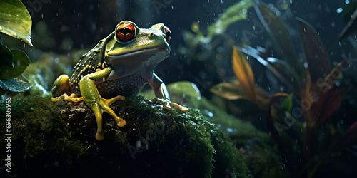 A frog or toad sits in a jungle background rainforest frog, Baby hypochondrialis tiger legged monkey frog baby tiger legged tree frog closeup on green leaves, generative AI   © Sohail