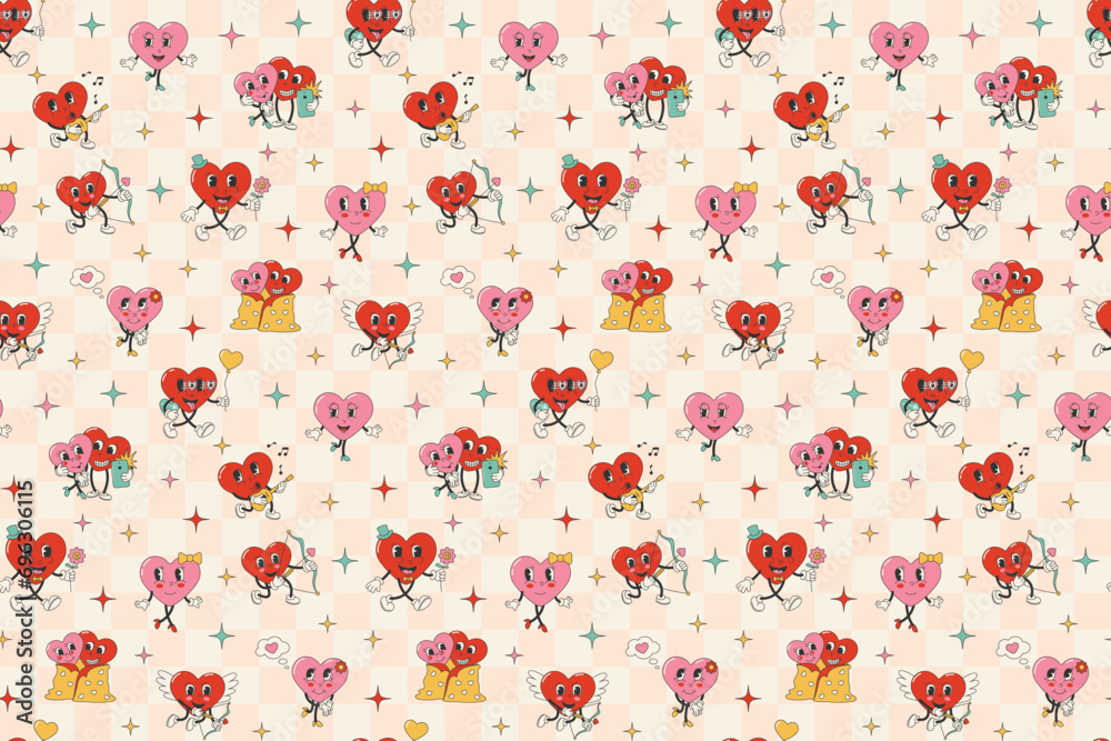 Cartoon character in heart shape, seamless pattern in retro groovy ...