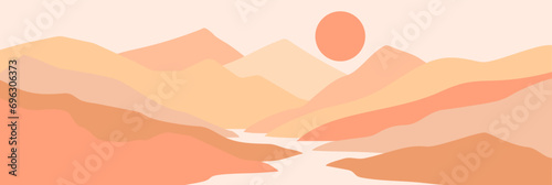 Abstract mountain landscape poster. Contemporary style nature scenery background in trendy Peach Fuzz color of the year 2024. Minimal wall art vector illustration.
