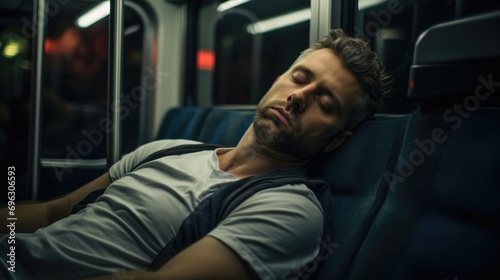 Man sleeping in a seat in a subway car