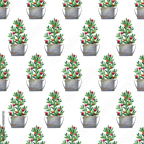 Seamless christmas tree in bucket pattern. Watercolor background with tree branches and decorations for textile, wrapping paper, holidays decor