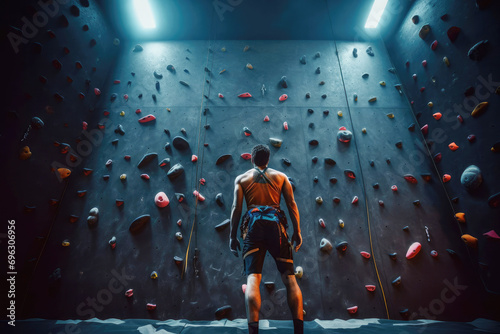 male rock climber stands in front of the wall of a training climbing wall, rear view photo