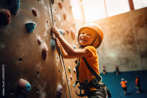 Happy boy on a climbing wall climbs up. Children's rock climbing training photo