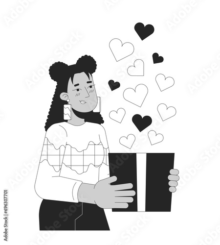 Beautiful woman in love giving valentine gift black and white 2D illustration concept. Shy latina cartoon outline character isolated on white. Sweetheart affection metaphor monochrome vector art
