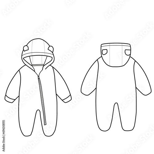 Technical sketch drawing of a snowsuit for baby line art. Flat sketch winter jacket, front and back view. Isolated on a white background