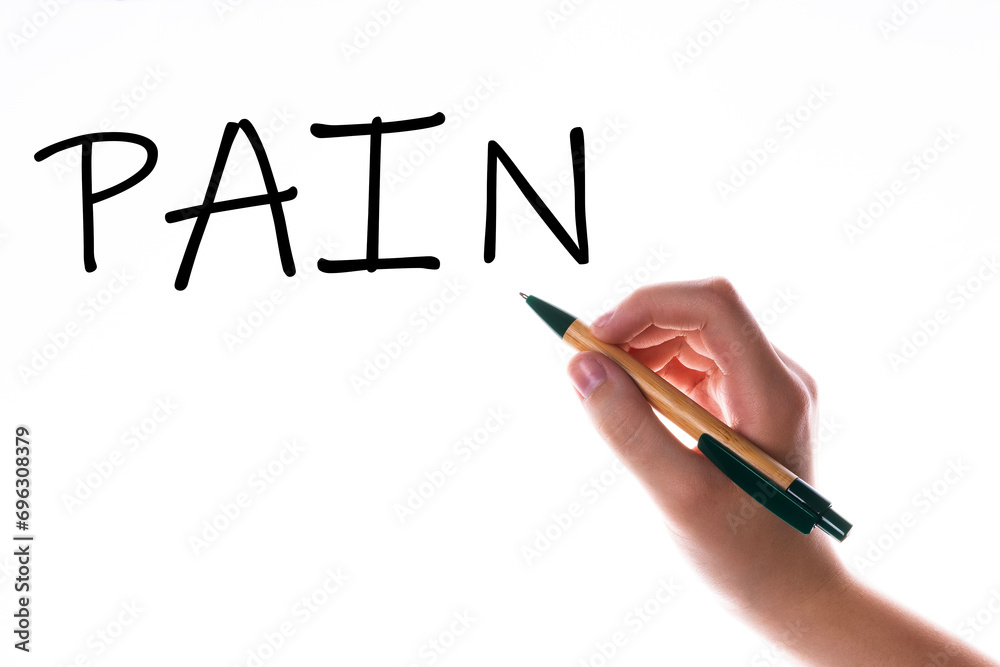 Children hand with pen write on an blue white background. Writing hand. Word PAIN Children hand with pen write on an blue white background. Writing hand. Word PAIN