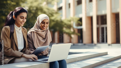 copy space, stockphoto, Portrait of two Muslim female students in traditional headscarf using laptop and phone in university campus. Female arabic students using laptop or cellphone on the campus site photo