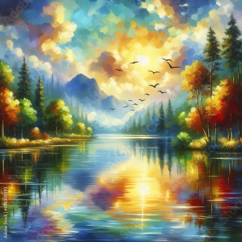 painting beautiful sunset with a lake in the autumn forest